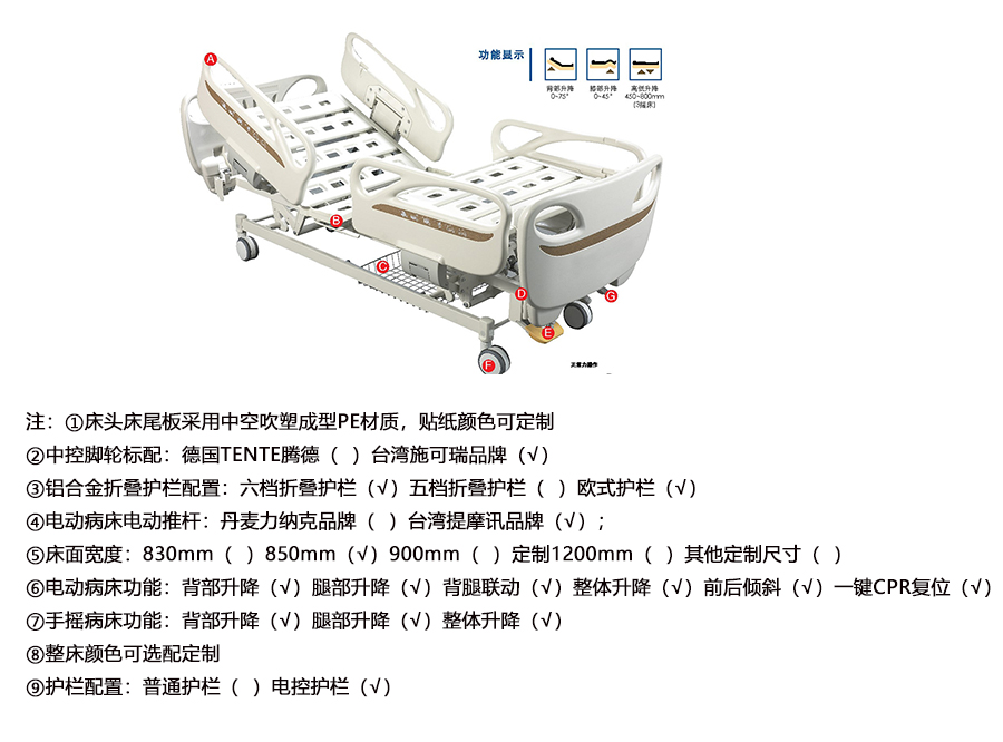 旭华中控三摇床，床头床尾板采用中空吹塑成型PE材质，贴纸颜色可定制,中控脚轮标配,铝合金折叠护栏配置